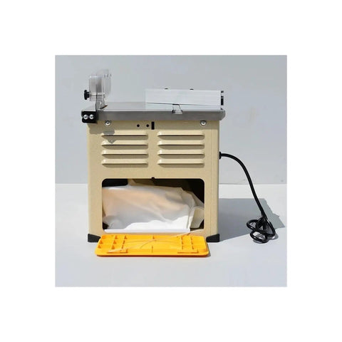 Compact Sliding Table Saw Featuring Dust Free Air Filtration And Rugged Woodworking Workbench Harnessing A Beast Mode 1300W Motor For Hella Spotless Cut Lines with onboard dust filter and power cord.