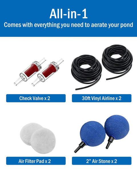 All In One Koi Pond Aerator Kit For Outdoor Ponds Up To 1000 Gallons With Double Outlet Tubing Air Stones Check Valves And Replacement Filter