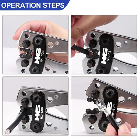 Operation steps using the Beefy Battery Cable Crimp Tool For AWG 10 To 1 Copper Ring Terminals Heavy Duty Wire Lug Crimper.