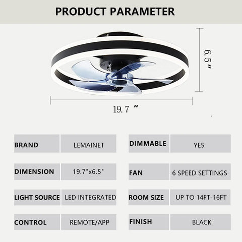Low Profile Flush Mount Ceiling Fan With Dimmable LED Light And Remote Bladeless 19.7 Inch Indoor Ceiling Fan features
