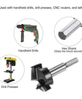 HARFINGTON Forstner drill bit 50mm tungsten carbide, 3 flutes, 4 spurs; shown with handheld drill and drill press.