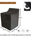Two Pack Washing Machine Cover for Outdoor Use with Easy Zip Design Waterproof Dustproof UV Shield shown with dimensions and icons.