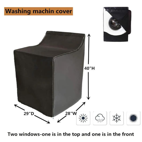Two Pack Washing Machine Cover for Outdoor Use with Easy Zip Design Waterproof Dustproof UV Shield shown with dimensions and icons.