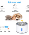 Image showing Ultra Quiet Cat Water Fountain With Stainless Steel Lid near sleeping kitten and puppy, highlighting 30dB noise level.