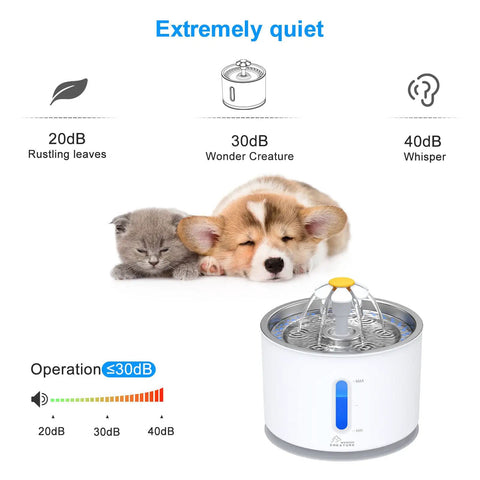 Image showing Ultra Quiet Cat Water Fountain With Stainless Steel Lid near sleeping kitten and puppy, highlighting 30dB noise level.