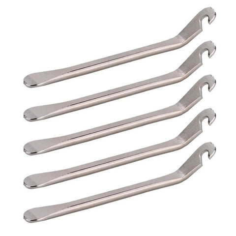 Five Pack Bike Tire Levers Set, Heavy Duty Steel Crowbars For Quick Tire Changes, Ergonomic Grips, shown in a row, angled view.