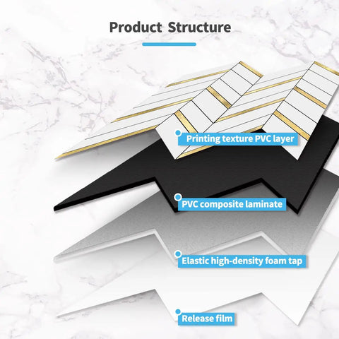 Product structure showing the layers of Herringbone Peel And Stick Backsplash Tiles With Self Adhesive Marble Look For Kitchen And Bath 10 Sheets