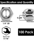 1/4-20 Nylon Insert Lock Nut Set Of 100 Stainless 304 Hex Lock Nuts With Nylon Insert, shown with specifications of thread diameter and thickness.