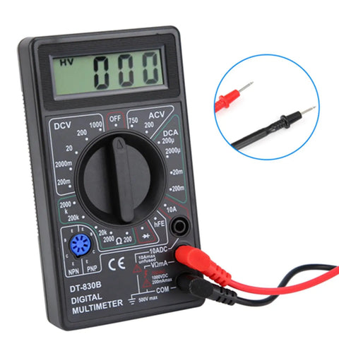 Front view of DT-830B Digital Multimeter with large LCD display and rugged pro-grade probes attached for voltage testing.