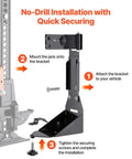 Rock Solid High Lift Jack Mount Bracket For Jeep Wrangler YJ TJ JK JL showing no-drill installation components and quick securing features.