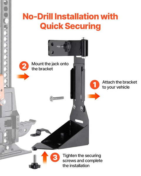 Rock Solid High Lift Jack Mount Bracket For Jeep Wrangler YJ TJ JK JL showing no-drill installation components and quick securing features.