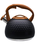 Loud Stovetop Tea Kettle With Whistle For Boiling Water Coffee Or Milk 3.1 Quart Heavy Stainless Steel Black With Wood Pattern Handle And Diamond Design Easy Button Release Spout