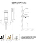 Technical drawing of Black Wall Mounted Tub Faucet With Handheld Spray Waterfall Spout Set For Your Bathroom Renovation.