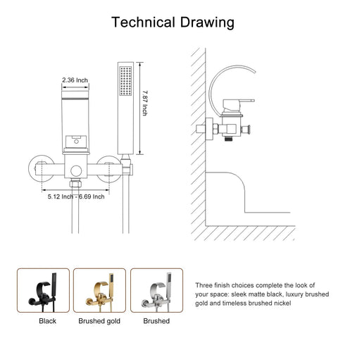 Technical drawing of Black Wall Mounted Tub Faucet With Handheld Spray Waterfall Spout Set For Your Bathroom Renovation.