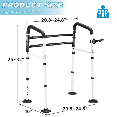 White adjustable Universal Toilet Safety Rail Grab Bar with non-slip suction cups, dimensions shown, supports 350 lbs.