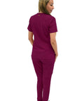 Women's Slim High Waisted Jogger Scrub Pants Yoga Style Nursing Uniforms Wine Color, back view, soft fabric, healthcare workwear.