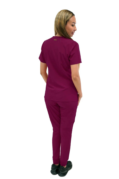 Women's Slim High Waisted Jogger Scrub Pants Yoga Style Nursing Uniforms Wine Color, back view, soft fabric, healthcare workwear.