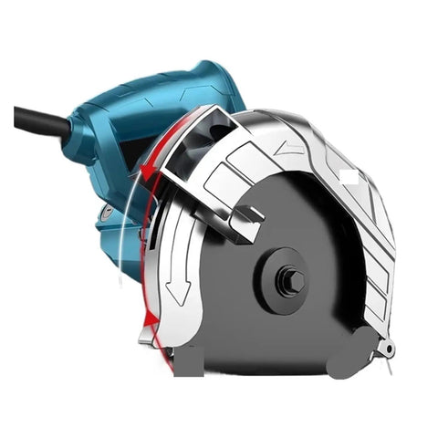 Close-up view of heavy duty electric circular saw for knocking out precise hardwood cuts showing blade and design features.