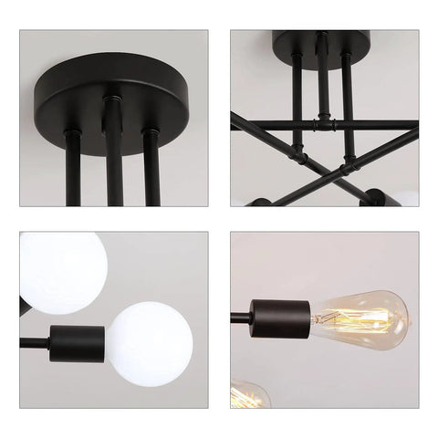 Close-up details of Black Modern Sputnik Chandelier Ceiling Light Fixture 6 Lights Industrial Metal Semi Flush Mount design