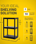Tough As Nails Three Shelf Plastic Storage Rack With Heavy Duty Impact Resistant Frame And One Fifty Pound Load Capacity side view with dimensions