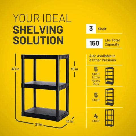 Tough As Nails Three Shelf Plastic Storage Rack With Heavy Duty Impact Resistant Frame And One Fifty Pound Load Capacity side view with dimensions