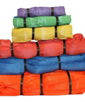 Assorted color polyester endless round slings stacked, including 6 Ft Purple Polyester Endless Round Sling With 2600 Lbs Vertical Capacity