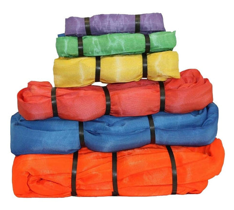 Assorted color polyester endless round slings stacked, including 6 Ft Purple Polyester Endless Round Sling With 2600 Lbs Vertical Capacity