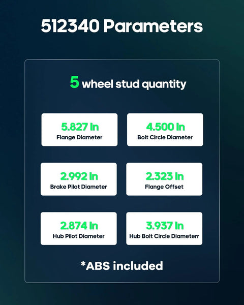 Specifications chart for Rear Wheel Bearing Hub Assembly With ABS For Hyundai Elantra 2007 2008 2009 2010 2011 2012 5 Lug 512340