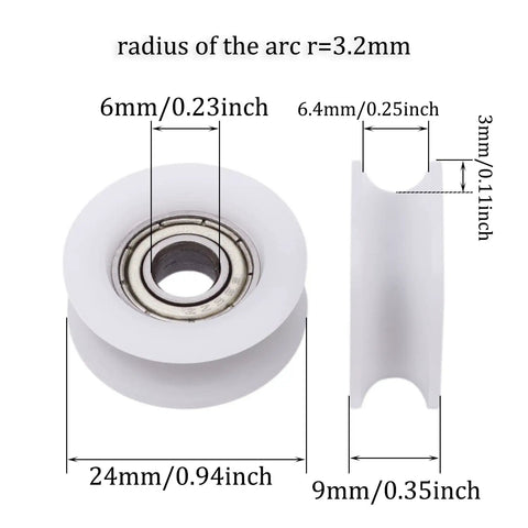 U Groove Pulley Kit 4 Pcs Nylon Guide Wheels For Doors Windows Cabinets Drawers And Printers 6x24x9mm White Built To Last Smooth Glide Heavy Duty Rollers, 24mm wheel dimensions