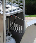Open compartment revealing tank of Propane Pyramid Patio Heater With Quartz Glass Tube, 40,000 BTU, Stainless Steel Construction