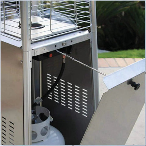 Open compartment revealing tank of Propane Pyramid Patio Heater With Quartz Glass Tube, 40,000 BTU, Stainless Steel Construction