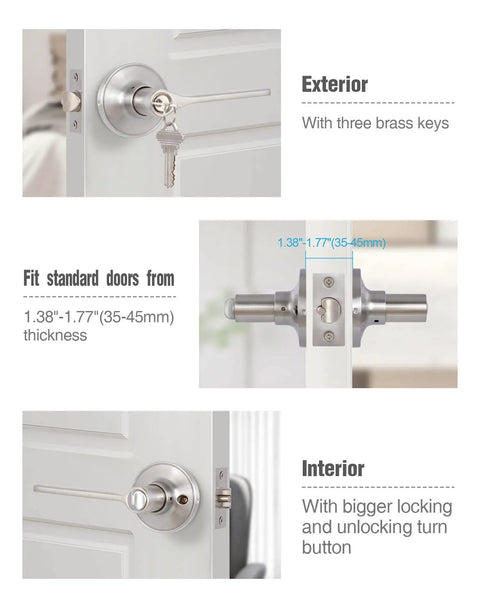 Keyed Entry Door Levers Set For Interior Doors Satin Nickel With Lock And Keys shown in installation and key insertion