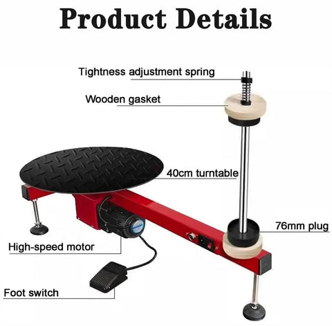 Hardcore Heavy Duty Electric Stretch Wrapping Table With Automatic Film Dispenser And Smooth 40 Cm Turntable details showing high-speed motor and foot switch.