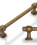 Antique Brass Cabinet Pulls Five Inch Hole Centers Ten Pack Zinc Alloy Vintage Drawer Handles showing angled and side views.