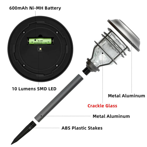 Bright Solar Pathway Lights 4 Pack Outdoor Waterproof Crackle Glass Aluminum Stake Lights For Garden Walkway Landscape Decor Solar Powered Easy Install showing components