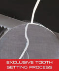 Tennax PRO Bi Metal Band Saw Blade cutting through metal pipe with precision, demonstrating exclusive tooth setting process.