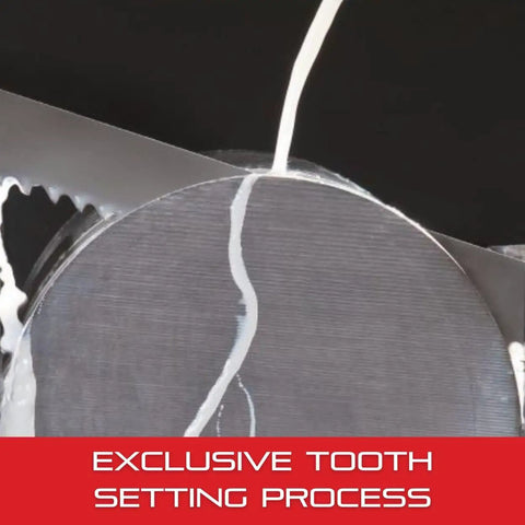 Tennax Pro Bi-Metal Band Saw Blade cutting a metal pipe with exclusive tooth setting process visible, 10-14 TPI.