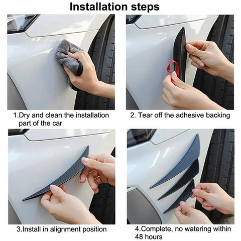 Installation steps for 12 Piece Universal Car Spoiler Canards Kit With Front Bumper Lip Splitter Exterior Soft Rubber Fins Spoilers Anti Collision Strip Decals For Your Ride Vehicle Body Decoration Carbon Fiber Black.