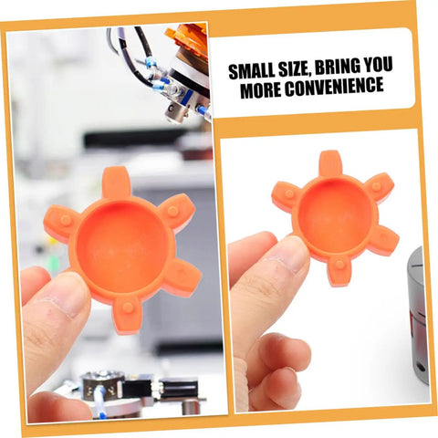 Plum-shaped rubber coupling pad for jaw couplings held in hand, orange color, pro-grade flexible shock absorbing cushion.