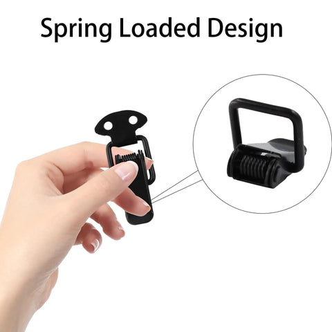 Close-up of hand holding Six Pack Black Spring Lock Clasp Buckle Latch with spring loaded design and stainless steel material.