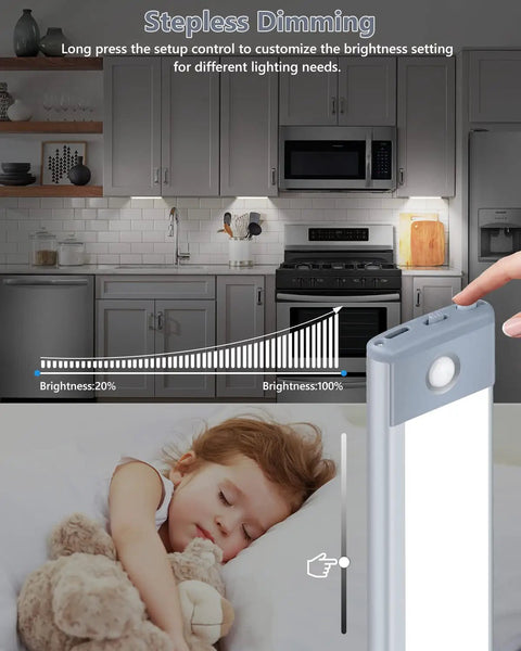 Child asleep with 35 LED Under Cabinet Lights Wireless Motion Sensor With 3 Color Temperatures USB C Rechargeable Stepless Dimming