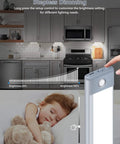 Wireless Under Cabinet Lights With 60 LEDs And 3 Color Temperatures USB C Rechargeable Battery Powered Closet Night Lights Magnetically Activated Cupboard Lights 2 Pack Motion Sensor LED Light Kit in stepless dimming mode showing a child sleeping with bright lighting in a kitchen setup.