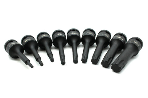 Nine Piece Torx Plus Six Point Impact Socket Set Three Inch Long Sockets One Half Inch Square Drive Drop Forged Black CRMO
