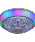 15 Inch Enclosed Bladeless Ceiling Fan with RGB Dimmable LED Light showing vibrant RGB colors, modern design and flush mount style.