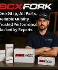 Man in BCXFORK shirt with packaged parts, promoting reliable quality and trusted performance in industrial applications.
