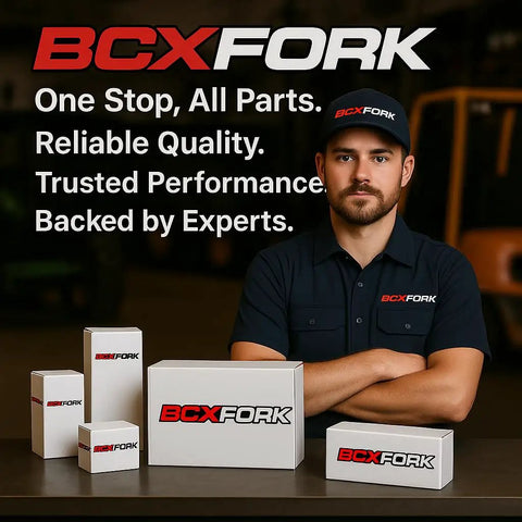 Man in BCXFORK shirt with packaged parts, promoting reliable quality and trusted performance in industrial applications.