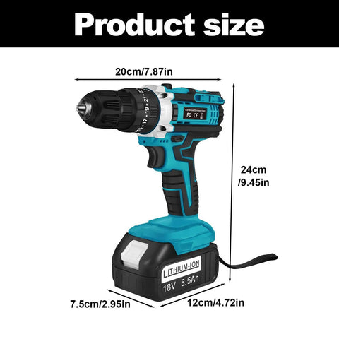 18V Cordless Electric Drill And Screwdriver Power Tool Set With Two 55 Ah Rechargeable Batteries Heavy Duty Drill Driver Kit dimensions 20cm x 24cm x 7.5cm.