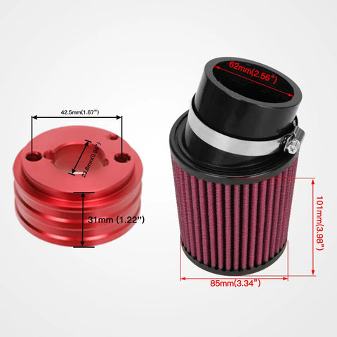 Beefed Up Air Filter Adapter Kit For Predator 212cc engines with red adapter and dimensions shown, fits Honda clones.