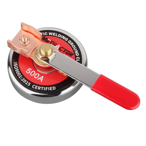 Beefy 500 Amp Magnetic Welding Ground Clamp With 3.34 Inch Quick Release Magnetic Mount, metal and plastic design.