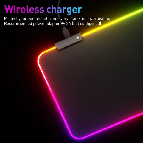 RGB Gaming Mouse Pad With Led Lights Large Size Big Mouse Mat For Pro Gamers And Casual Players Featuring 14 Lighting Modes And Power Off Memory shown close-up with glowing edges and USB connection.